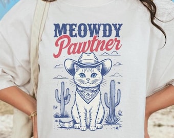 Western cowboy Cat T-Shirt, funny cat t-shirt with 'meody partner' greeting, western theme, Desert Backdrop– Cat Lover gift, gifts for him