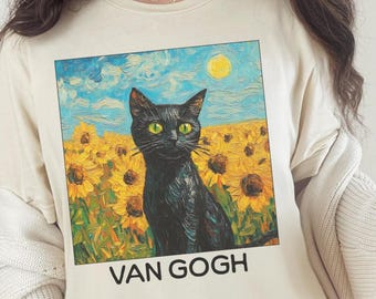 Black Cat in Van Gogh Sunflower Field painting t-shirt and sweatshirt, Van Gogh inspired funny T-Shirt, Comfort colors tee, Art Lover Gift