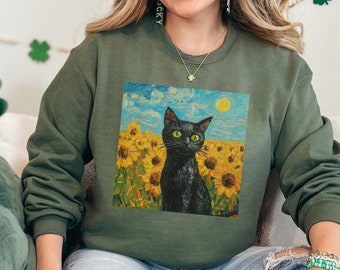 Comfort Colors Van Gogh Cat Sweatshirt, Van Gogh Sunflower Cat shirt, Black Cat tee, Funny Cat shirt, Cat Lover Tee, cat flower tee