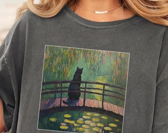 Black Cat in Monet painting Shirt, Cat among water lilies, Monet famous painting T-shirt, Black Cat tee, Funny Cat shirt, Cat & Flower Lover