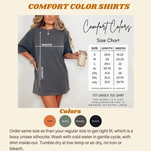 Comfort Colors t-shirt size chart, colors available and care instructions