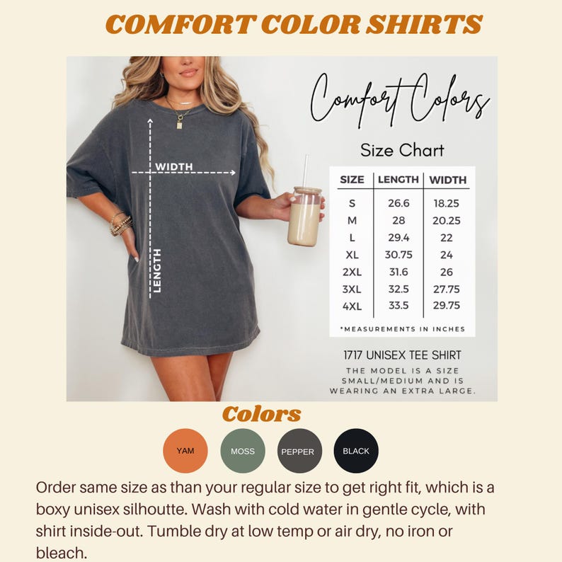 Comfort Colors t-shirt size chart, colors available and care instructions
