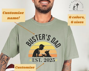 Custom Frenchie Dad T-Shirt with name & year, retro sunset design man teaching a trick to dog, French Bulldog, Fathers Day, gift for him