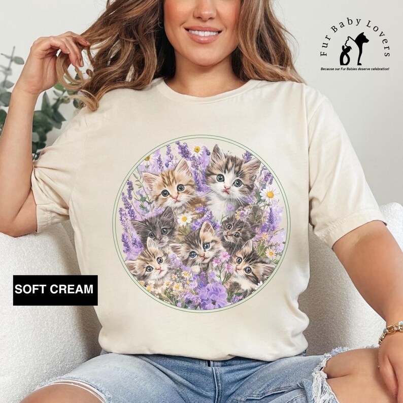 Bella+Canvas 3001 t-shirt with vintage kitten and wildflower design; lightweight, breathable, and perfect for summer cottagecore style. Perfect gift for cozy cottagecore cat lovers,  nostalgic cute floral shirt