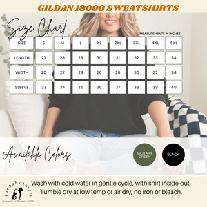 Gildan 18000 sweatshirt size chart, colors available and care instructions