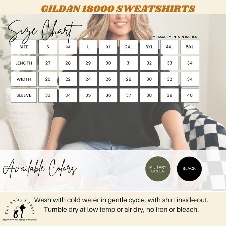 Gildan 18000 sweatshirt size chart, colors available and care instructions