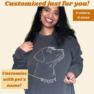 gildan 18000 sweatshirt showing a line drawing of a Labrador staring with loving eyes, custom pet name, personalized gifts
