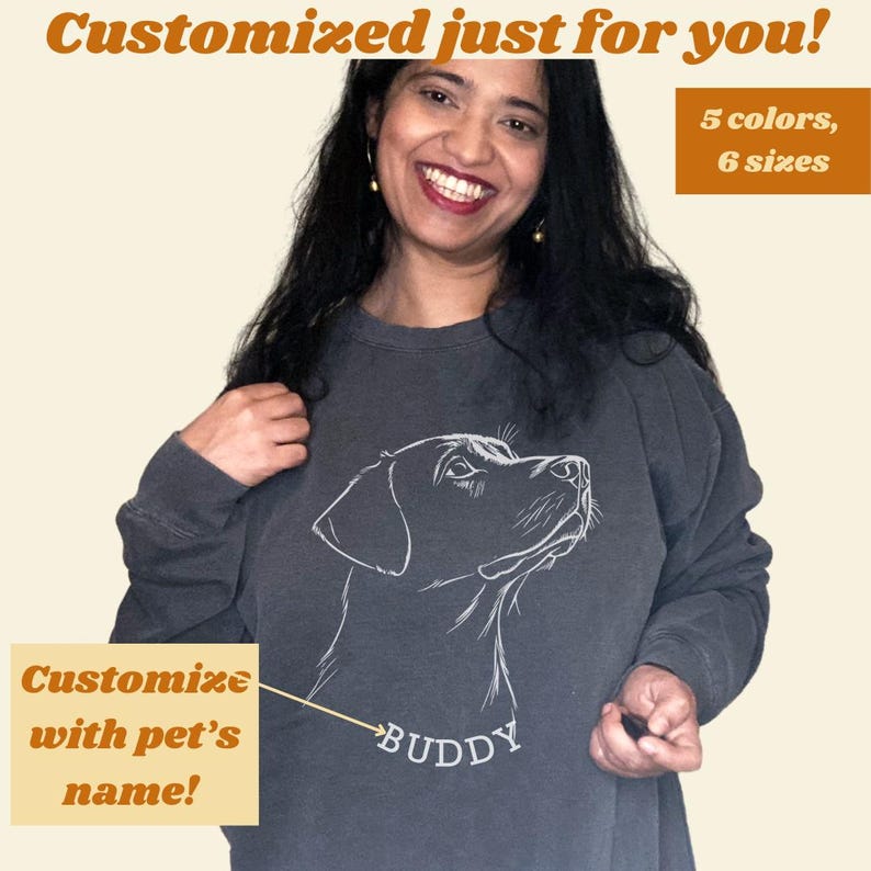 gildan 18000 sweatshirt showing a line drawing of a Labrador staring with loving eyes, custom pet name, personalized gifts