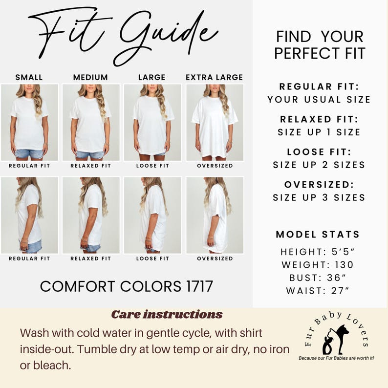 May include: A size chart for a t-shirt with different fit options: regular, relaxed, loose, and oversized. The chart shows a model wearing each size and includes measurements for height, weight, bust, and waist. The text "Comfort Colors 1717" is at the bottom of the chart.
