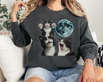 Tuxedo Cats Moon Vintage Sweatshirt, Retro Cat Sweater, Cute Tuxedo Cat Sweater, Bootleg Cat shirt, Unisex Sweatshirt, Cat Moon Y2k