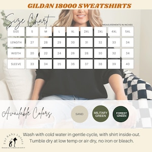Gildan 18000 sweatshirt size chart, colors available and care instructions