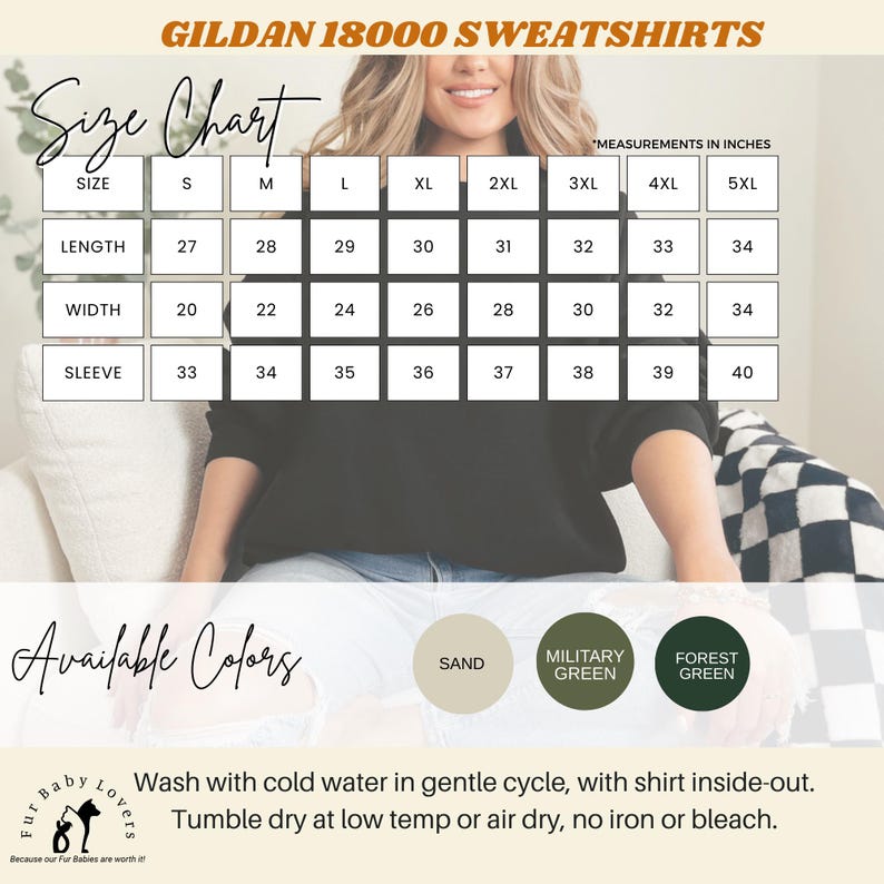 Gildan 18000 sweatshirt size chart, colors available and care instructions