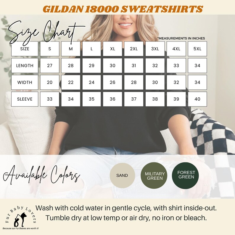 Gildan 18000 size chart, colors available and care instructions