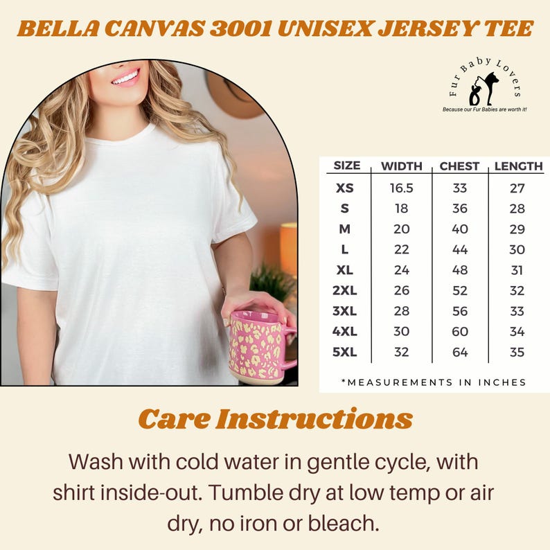bella + canvas 3001 size chart and care instructions