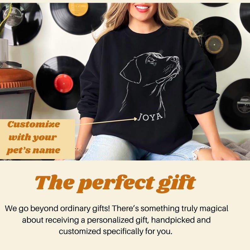 woman wearing a sweatshirt showing a line drawing of a Labrador staring with loving eyes, custom pet name, personalized gifts