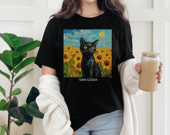 Black Cat Van Gogh Sunflower T-Shirt: Art Lover Gift
