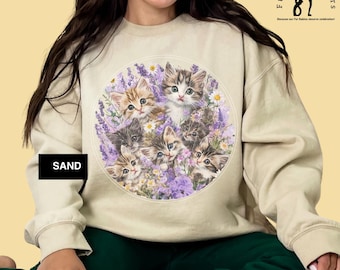 Vintage Kitten Sweatshirt and shirt: 90s Wildflowers, Cottagecore Cat Lover Gift
