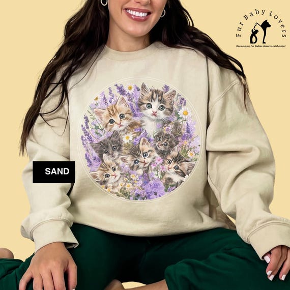 Vintage Kitten Sweatshirt and shirt: 90s Wildflowers, Cottagecore Cat Lover Gift