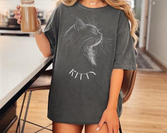 Long-haired Cat silhouette Minimalist Tee -  Loving Cat Line Art Design - Comfort Colors unisex tee Cat Lovers, cat mom, cat dad