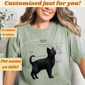猫の名前が入った面白い黒猫解剖学アートシャツ、コンフォートカラーシャツ、彼女へのパーソナライズギフト、ペット愛好家、父の日