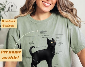 Funny Black Cat Anatomy Art Shirt customized with cat name, Comfort Colors Shirt, Personalized Gift for her, Pet Lovers, Father&#39;s Day