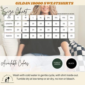 Gildan 18000 sweatshirt size chart, colors available and care instructions