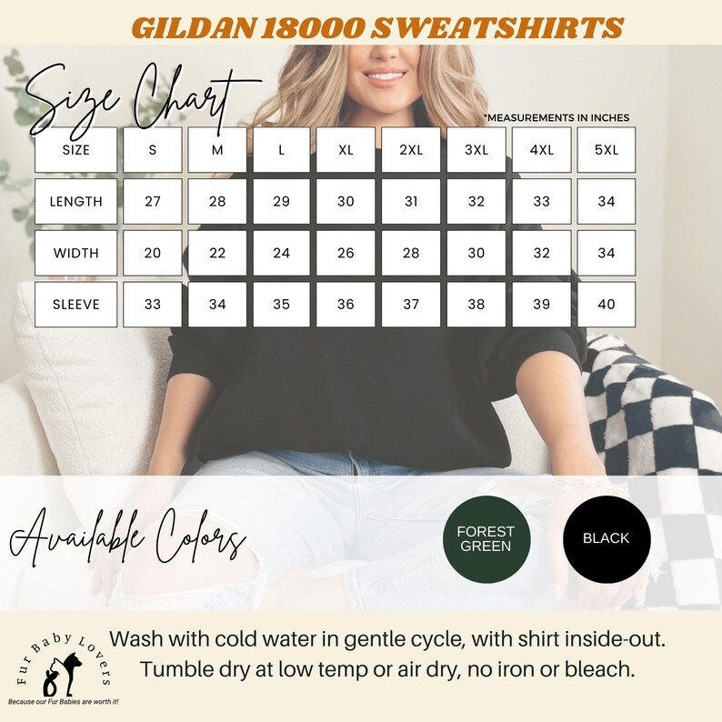 Gildan 18000 sweatshirt size chart, colors available and care instructions