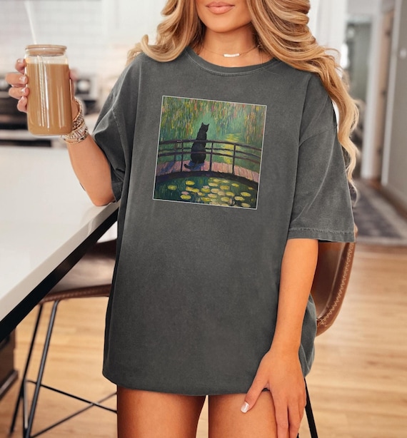 Black Cat in Monet painting Shirt, Cat among water lilies, Monet famous painting T-shirt, Black Cat tee, Funny Cat shirt, Cat & Flower Lover