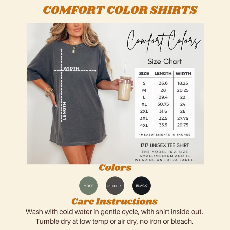 comfort colors 1717 size chart, colors available and care instructions