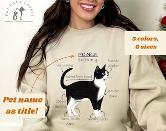 Custom Tuxedo Cat Anatomy Sweatshirt: personalize with cat’s name, Comfort Colors Funny Cat Lover Gift