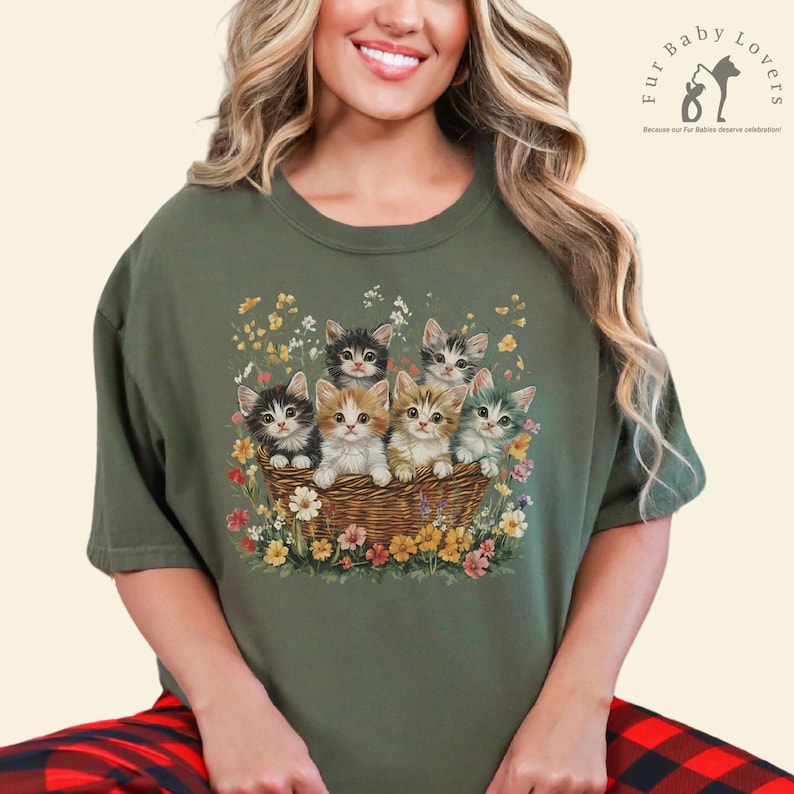 Comfort Colors 1717, 100% cotton t-shirt with a charming vintage-style illustration of six adorable kittens sitting together in a wicker basket surrounded by vibrant wildflowers
