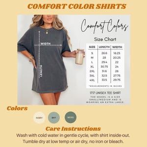 Comfort colors shirt size chart, colors available and care instructions