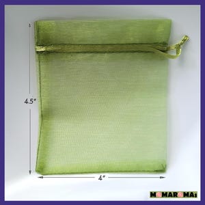 May include: A light green organza gift bag with a drawstring closure. The bag measures 4 inches wide by 4.5 inches tall.
