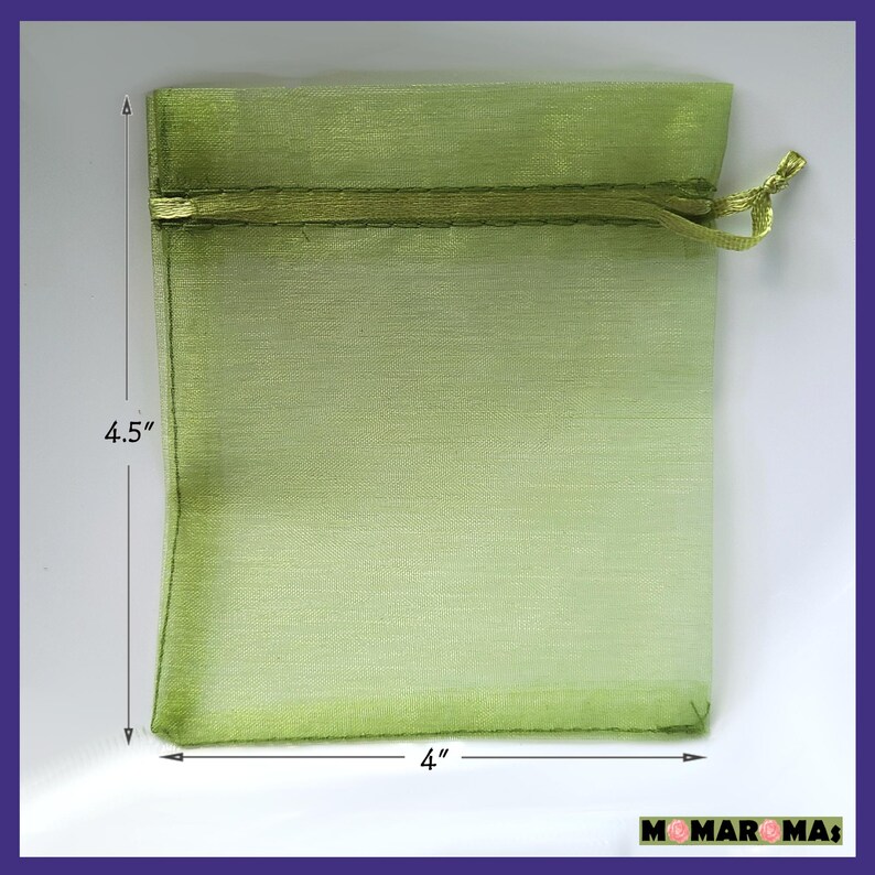 May include: A light green organza gift bag with a drawstring closure. The bag measures 4 inches wide by 4.5 inches tall.