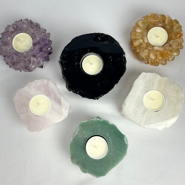 Rough Stone Crystal Votive Candle Holder - Green Quartz - Rose Quartz - White Quartz - Tea Light Holder - Succulent Planter