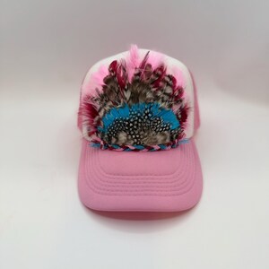 Handmade Feather Trucker Hat with Jeweled Accents,  Statement Cap, Adjustable Mesh Hat
