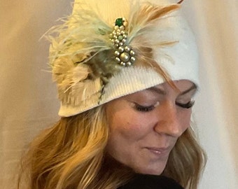 Embellished Feathered & Jeweled Knit Hat - Fancy Knit Hat - Boho Style Knit Hat - Sparkly Winter Hat - Flapper Style Hat - Unique Knit Hat