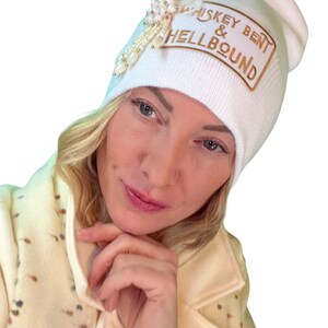 Whiskey Bent & HellBound Statement Patchwork Vintage Jeweled Embellished Fashionable Beanie
