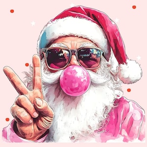 May include: A Santa Claus with a white beard and pink bubble gum in his mouth, wearing a red and white hat, pink sunglasses, and a pink shirt, giving a peace sign.