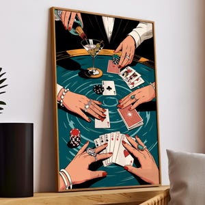 Speelkaarten en drankjes poster, retro poker muurkunst print, Las Vegas decor voor gokken en drinken, barwagen kunst aan de muur voor Game Night Vibes