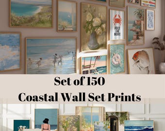 Paquete de 150 impresiones vintage de verano, arte de pared costero, arte náutico y tropical junto al mar, decoración de pared imprimible de estilo retro de verano