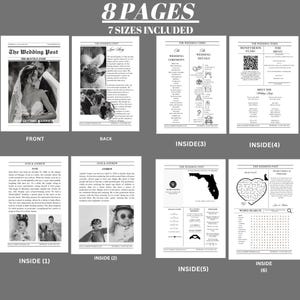 May include: A black and white wedding announcement newspaper template with 8 pages. The front page features a photo of a bride and groom with the text "The Wedding Post" and "The Best Day Ever". The back page features a photo of a couple with the text "Love Story". The inside pages feature a wedding ceremony, wedding details, honeymoon fund, menu, meet the wedding party, a word search, and a map of Florida.