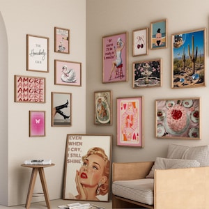 pink orange wall art preppy room decor trendy retro art prints, maximalist gallery wall art set of 17 aesthetic posters teen girl room decor