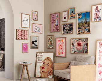 pink orange wall art preppy room decor trendy retro art prints, maximalist gallery wall art set of 17 aesthetic posters teen girl room decor
