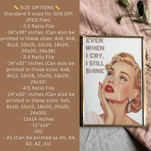 May include: A gold framed print featuring a vintage style illustration of a woman with red lipstick and tears running down her face. The text on the print reads "Even when I cry, I still shine".