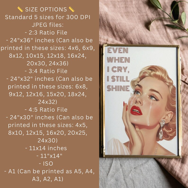 May include: A gold framed print featuring a vintage style illustration of a woman with red lipstick and tears running down her face. The text on the print reads "Even when I cry, I still shine".