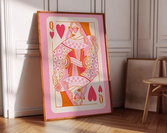 Lámina artística de la Reina de Corazones, póster maximalista moderno para decoración de dopamina, arte mural rosa intenso, impresiones de pared originales para dormitorios preppy y habitaciones de adolescentes.