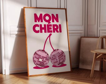 Cherry Poster Digital Print, Retro 70s Cherry Wall Art, Funky Trippy Printable Poster, Pink Trendy Dorm Room Decor and Aesthetic Wall Print