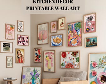 300 Kitchen Gallery Wall Decor - Trendy Kitchen Prints and Food Art Set for Dining Room and Modern Home