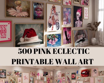 500 Eclectic Wall Art Bundle,Gallery Wall Set with Trendy Preppy Posters,Maximalist and Coquette Prints, College Room Decor and Abstract Art